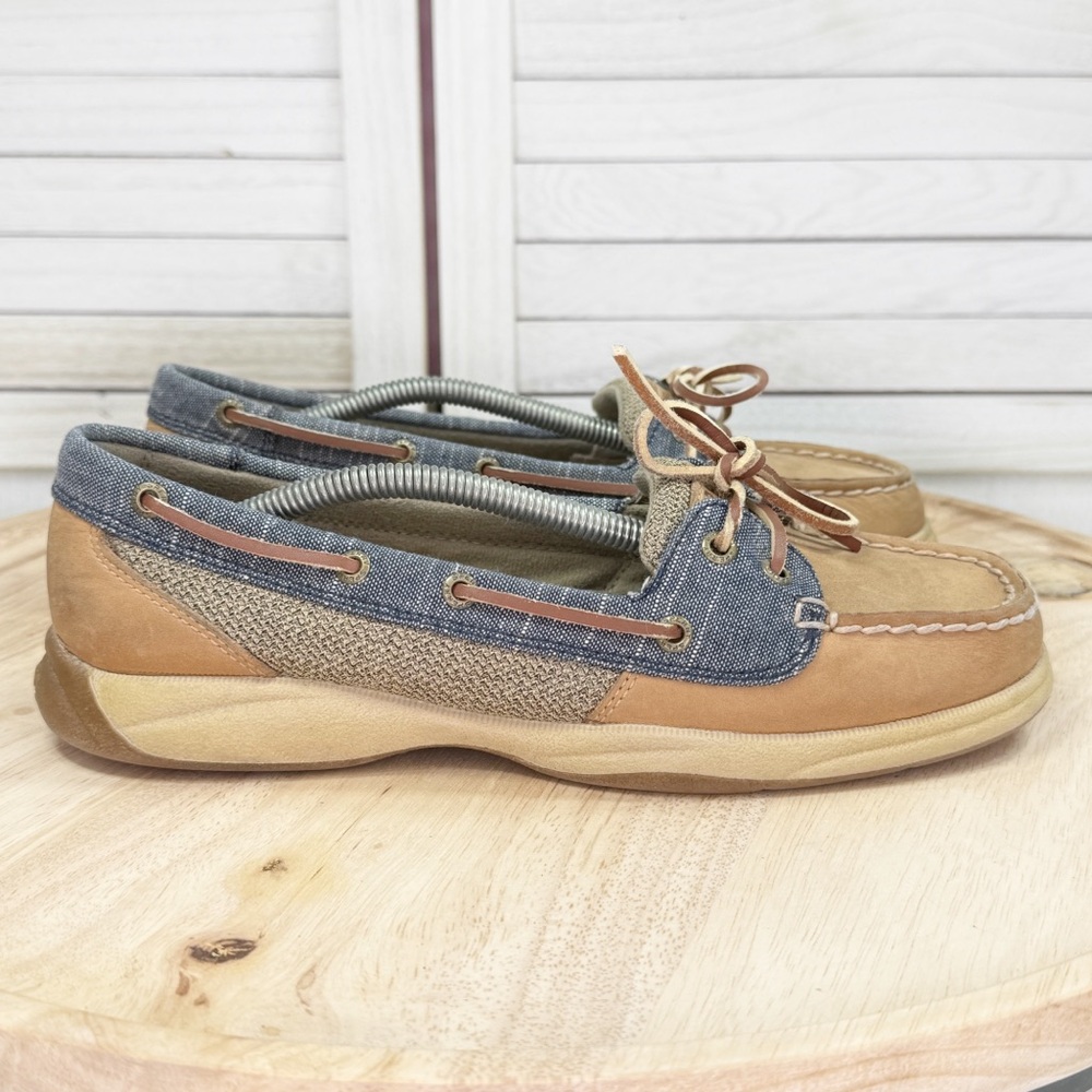 Sperry Top Sider Laguna Leather Canvas Slip‎ On Loafer Boat Shoes Tan Blue 8